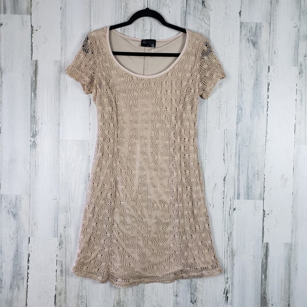 NWOT Rosegold Petite Beige Lined Crochet Short Sleeve Dress Women's Size Large